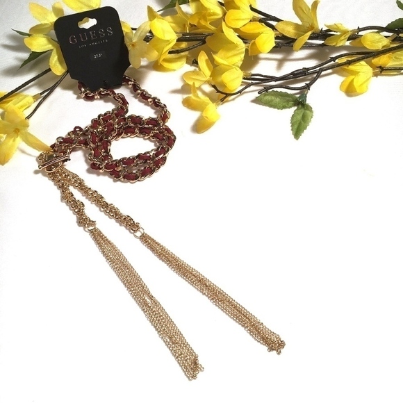 𝅺3/$29! GUESS Long Statement Necklace Gold & Red - Picture 6 of 8